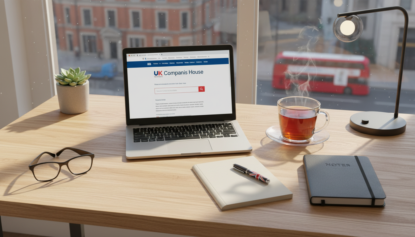 A photorealistic overhead shot of a modern wooden desk in a bright London office, featuring a laptop displaying the UK Companies House website, a cup of Earl Grey tea, and a sleek leather notebook with a Union Jack pen.