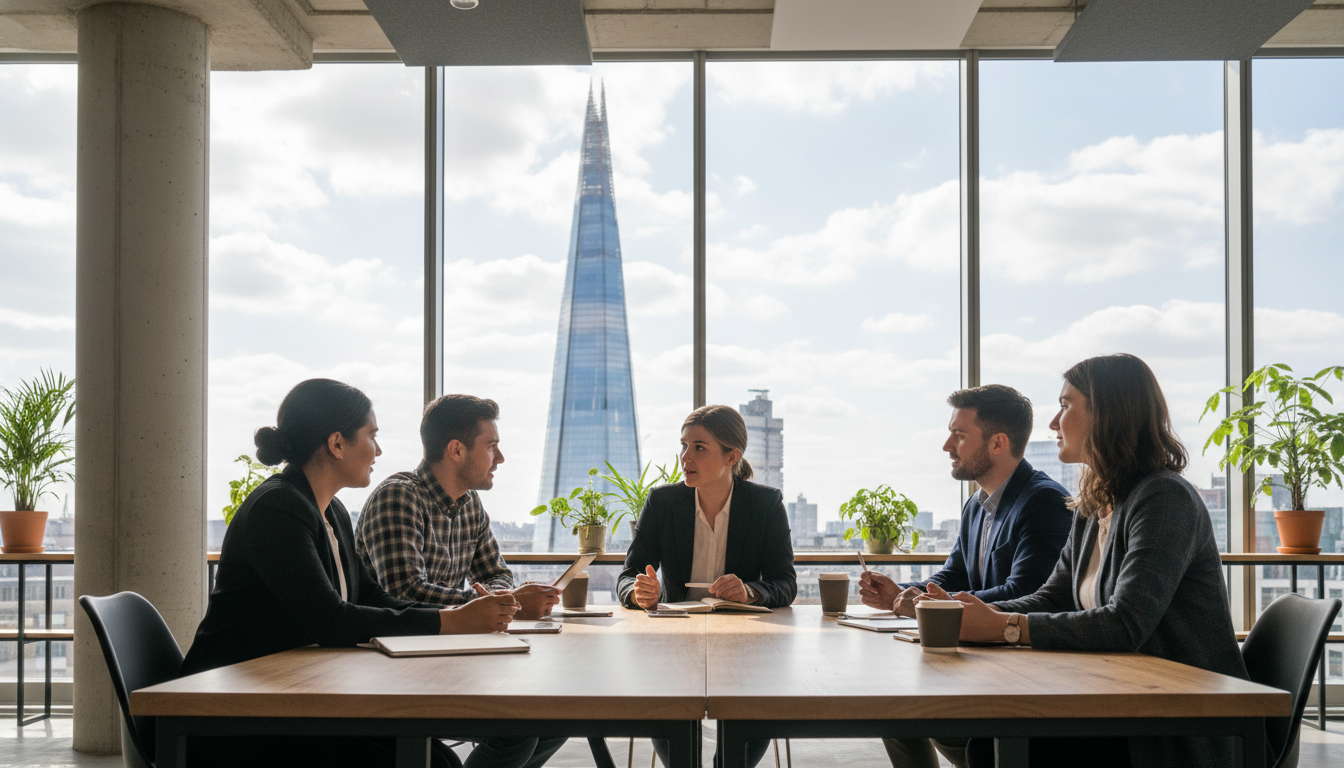 A diverse group of young entrepreneurs sitting in a bright, modern London co-working space with a view of the Shard through the window, high-quality photography, realistic lighting, professional atmosphere