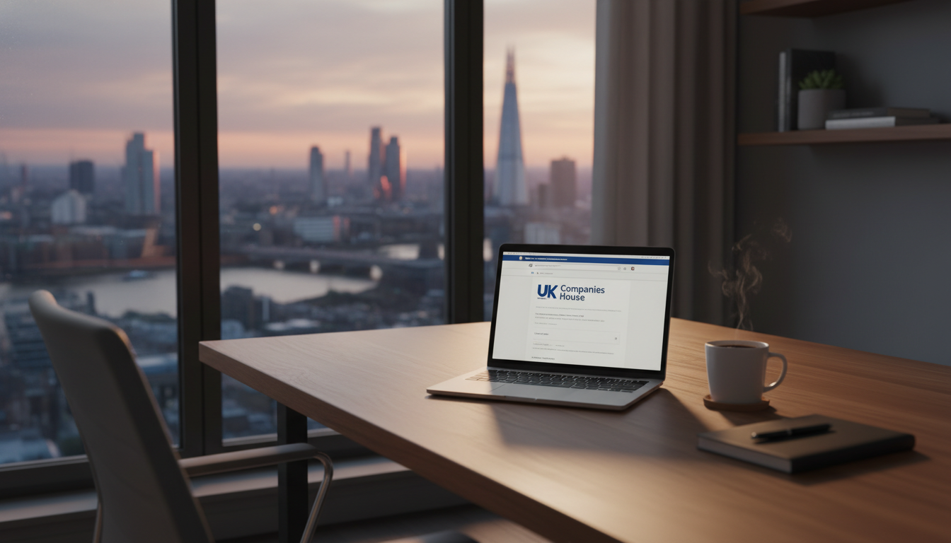 A professional and modern home office setup with a laptop showing the UK Companies House website, a cup of coffee, and a view of the London skyline through a window, photorealistic style, cinematic lighting.